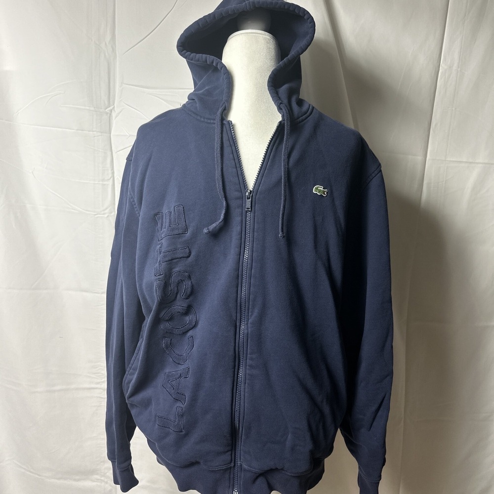 Lacoste Men's Full-Zip Hoodie Navy Size XL Size 6 Embroidered Script Rare Terry